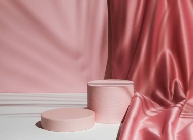 Pastel pembe kompozisyon, saten perde ve palmiye yaprağı gölgesi. Ürün Gösterimi ve İş Konsepti için uygundur. Modern estetik.