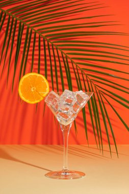 Buzlu martini bardağı, portakal dilimleri ve turuncu arka planda tropikal palmiye yaprağı. Yaz içkisi konsepti.