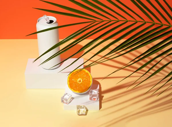 Λευκό Ζωγραφισμένο Κονσερβοκούτι Πάγο Και Πορτοκαλί Φρούτα Στο Βάθρο Του — Φωτογραφία Αρχείου