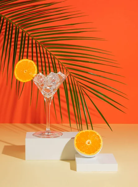 Buzlu martini bardağı, dilimlenmiş portakal suyu ve ürün podyumunda tropikal palmiye yaprağı. Yaz içkisi konsepti.