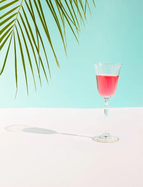 Bir bardak kırmızı meyve suyu ve palmiye yaprağı ile yaz kompozisyonu. Asgari içki konsepti.