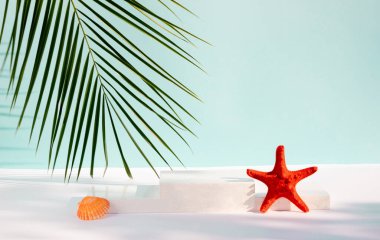 Modern product display on blue background with product podium, starfish, seashell and tropical palm leaf. Suitable for Product Display and Business Concept.