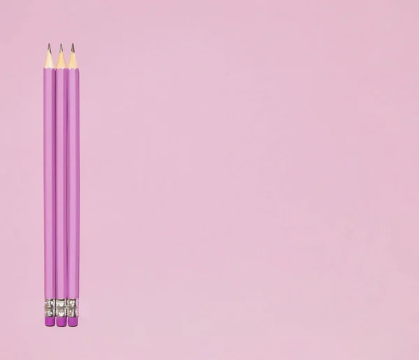 Wooden Pastel Purple Pencils Erasers Purple Background Back School Concept — 图库照片