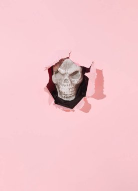 Cadılar Bayramı 'nın yaratıcı düzeni ürkütücü kafatası ve pastel pembe yırtık kağıttan yapılmış. Gerçeküstü ürkütücü fikir, uzayı kopyala.