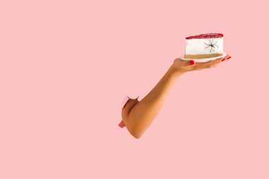 Cheesecake, örümcek ve kadın eli ile yaratıcı Cadılar Bayramı asgari konsepti. Pastel pembe yırtık kağıt. Yaratıcı, ürkütücü bayram yemekleri konsepti. Boşluğu kopyala.