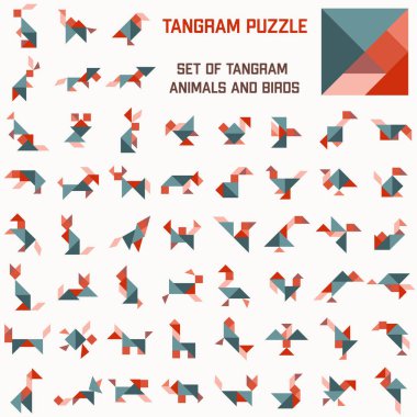 Tangram bulmacası. Tangram hayvanları ve kuşlar. 