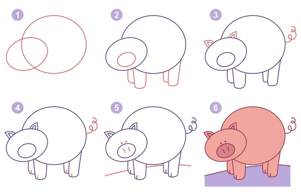 画可爱猪的说明 按部就班 孩子们学习画动物的工作表 游戏为儿童向量页 画猪的计划 矢量说明 — 图库矢量图片
