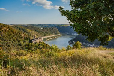 Katz kalesi ve Loreley kayalıklarıyla Ren Vadisi manzaralı Sankt Goarshausen Seyahat Almanya Peri Masalları