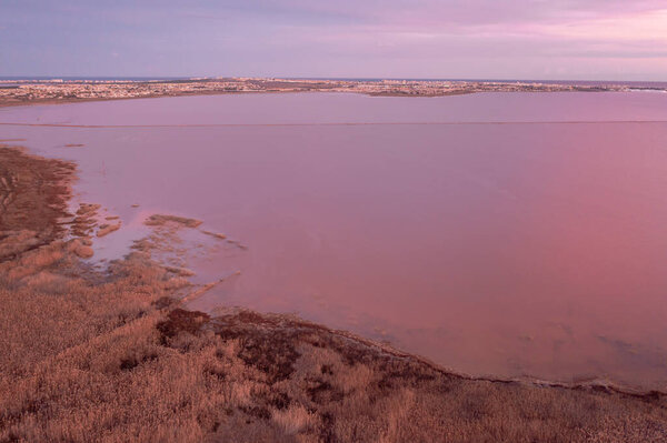 Aerial View of the Pink Lake at Sunset in Torrevieja