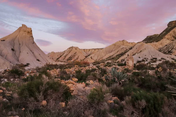 Λόφοι Τοπίο Στην Έρημο Tabernas Στο Ηλιοβασίλεμα Στην Αλμερία — Φωτογραφία Αρχείου