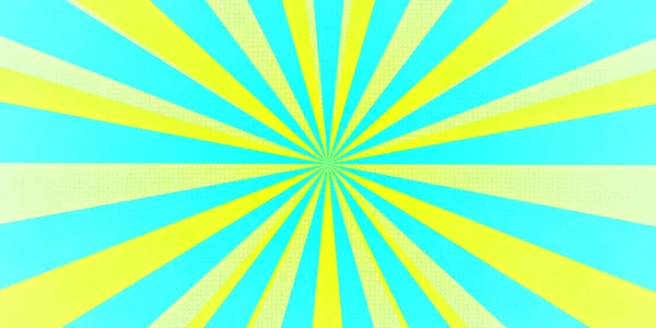 Pop sanat çizgi romanı ya da çizgi film yarım ton şerit kapağı neon turkuaz mavi ve sarı yeşil renkli çizgili retro tasarım. Gelecekçi ışınlar patlaması, izole edilmiş polka noktalarında süper kahraman stili radyal.