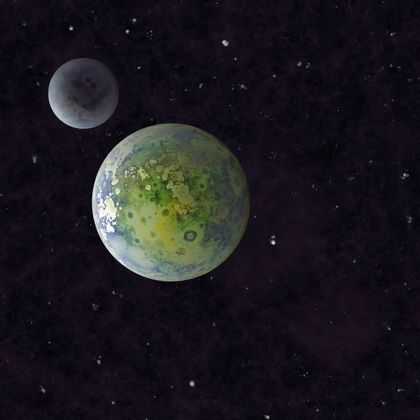 虚幻的粉色灰绿色活的发光行星 三维星图 抽象的世界空间设计或带有宇宙两颗行星的星体 — 图库照片