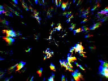 Dijital hareket arızası çizgileri ve siyah arkaplanda parlayan ışıklar. Tekno saykodelik ekran. Disko şekilli optik parlak festival kartı DJ Parti Posterleri, Afişler veya Reklamlar için teknolojiyi şekillendirir