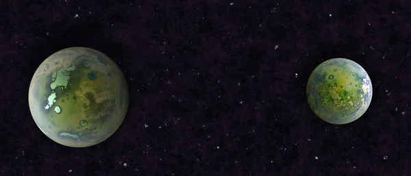 幻想中的绿灰色活行星 用恒星作三维插图 抽象的世界空间设计或星空两大行星和中央空隙作为你的信息 — 图库照片