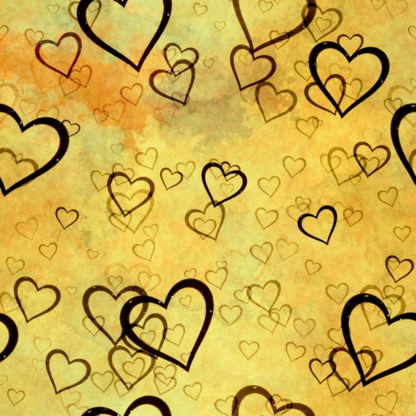 Черные Падающие Сердца Любовный Узор Старом Желтом Туманном Фоне Открытки — стоковое фото