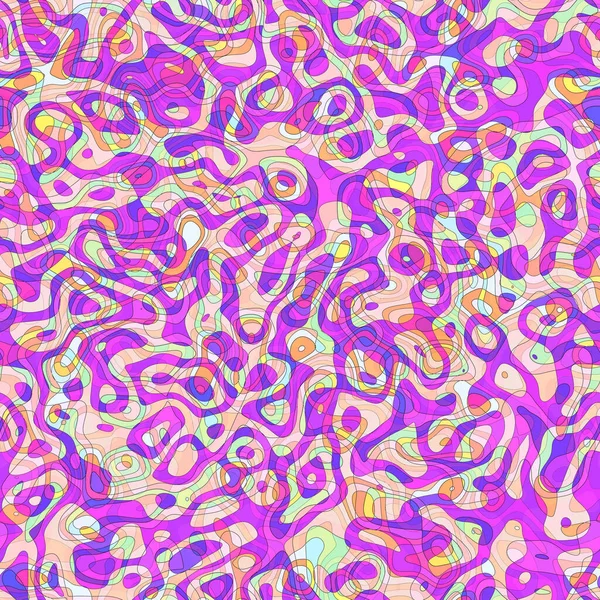 曲線を持つサイケデリックなシームレスな幾何学模様 面白い液体の形 カラフルな波状鮮やかな紫色のピンクオレンジ色の青 男の子 女の子 スポーツ服 包装紙のためのヒッピー都市パターン — ストック写真