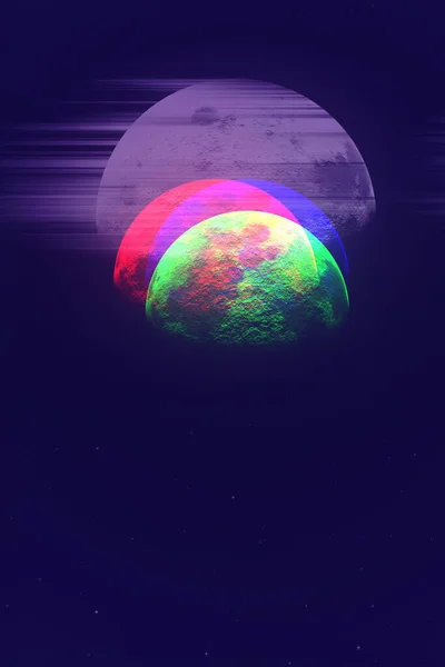 Fantasie Abstrakte Glitch Mond Oder Planet Grün Rot Und Blau — Stockfoto