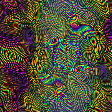 Parlak renkli neon rengi şekiller, kaostaki tuhaf psikedelik zemin girdap gibi hippi tasarımı, neon yeşil mor ve sarı renkli çılgın şekiller.