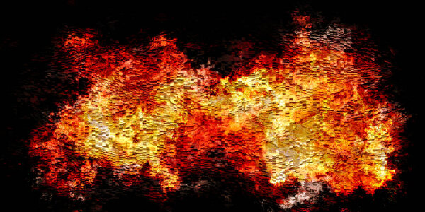 Abstract orange red flame and smoke in the center surreal in square shapes, danger hot mist design, energy blazing fire on black background