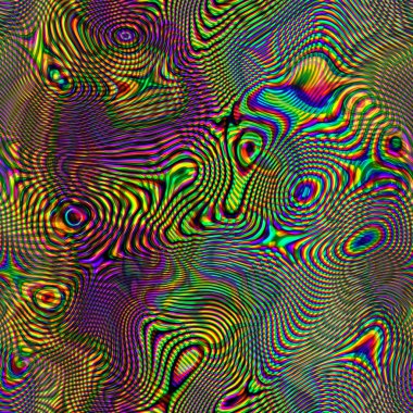 Parlak renkli neon rengi şekiller, kaostaki tuhaf psikedelik zemin girdap gibi hippi tasarımı, neon yeşil mor ve sarı renkli çılgın şekiller.