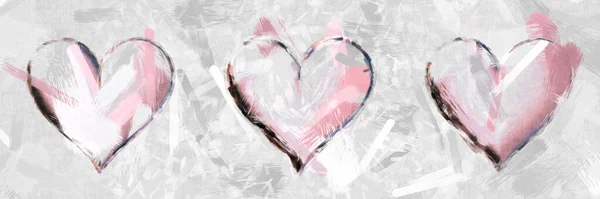 Elegant Brush Strokes Rose Pink Three Hearts White Distressed Background — Stock Photo, Image