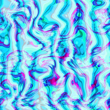 Kıvrımlı çizgileri olan psikedelik geometrik desen, komik sıvı şekiller, renkli dalgalı deniz turkuazı mavisi. Hippi yaz şablonu Erkek, kız, spor giysileri, ambalaj kağıdı