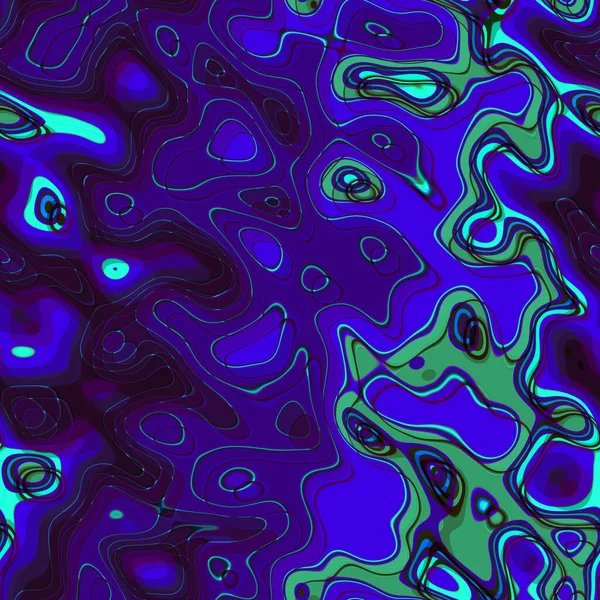 Noční Modrý Bezešvý Geometrický Vzor Zakřivenými Zelenými Čarami Funky Tekutými — Stock fotografie