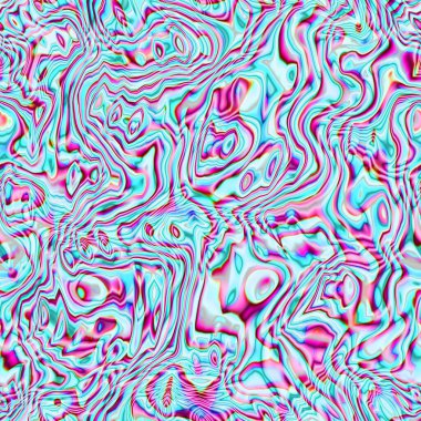 Kıvrımlı çizgileri olan psikedelik geometrik desen, komik sıvı şekiller, renkli dalgalı deniz turkuazı mavisi. Hippi yaz şablonu Erkek, kız, spor giysileri, ambalaj kağıdı