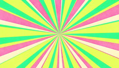 Pop sanat çizgi romanı ya da neon yeşil pembe renkli çizgi film kapağı polka noktaları geçmişe dönük tasarım. Fütüristik ışınlar patlaması, izole edilmiş süper kahraman stili radyal