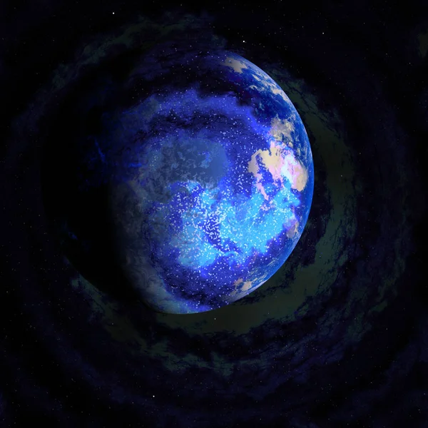 蓝色新鲜的月亮或宇宙中的行星 星状地球或星酸的风效图解 星辰奇观 3D未来主义技术风格 — 图库照片