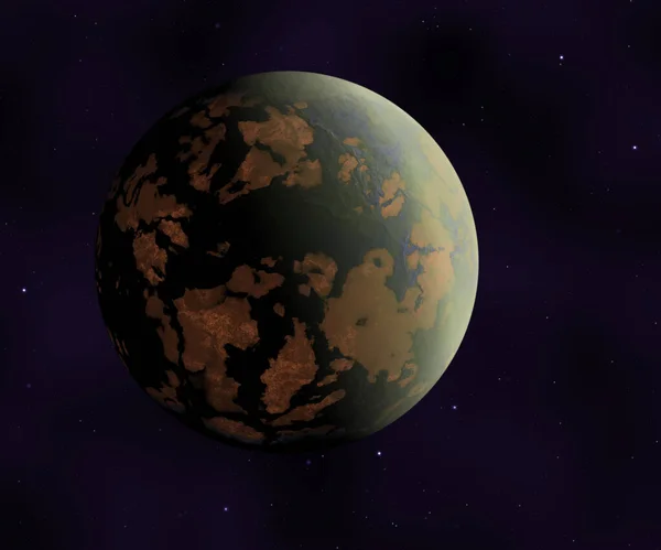 Universe 3D rendering with Earth or green planet in deep space. Sci-fi fantasy of dark deep space and planet, realistic exoplanet, planet suitable for colonization