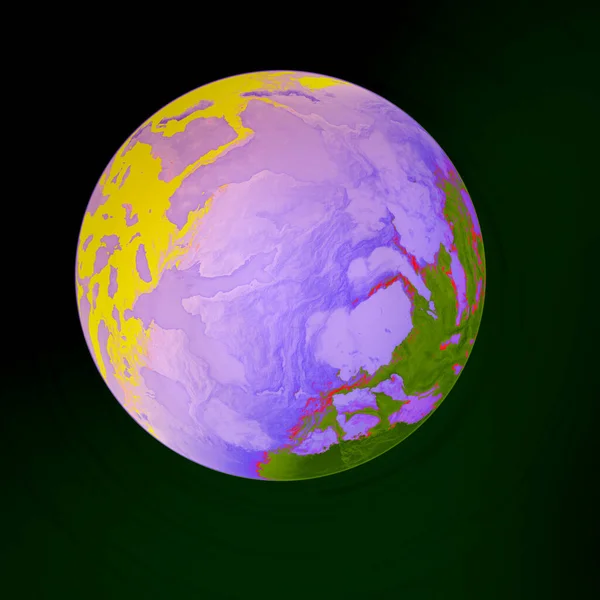 Futuristic dark green green planet with psychedelic marble parts, planet with dark side on vortex digital motion lights. Glowing rays with flickering particles. Glitch effect. Science and technology