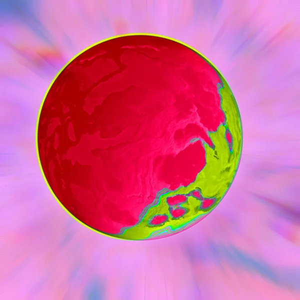 Cartoon bright pink green planet with psychedelic marble parts on  baby pink background with digital motion lights. Glowing rays with flickering particles. 3D effect. Science and technology