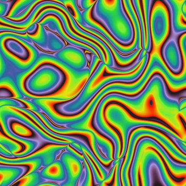 Psikedelik rastafarian hareket geometrik deseni kıvrımlı çizgiler, komik sıvı şekiller, renkli dalgalı canlı tasarım. Hippi şehir modeli, erkek, kız, spor giysileri, ambalaj kağıdı