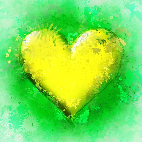 Abstract Futuristic Disorder Splashed Yellow Heart Light Nature Green Background — Fotografia de Stock