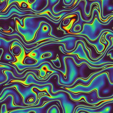 Psychedelic geometric pattern in blue navy green yellow red curved lines, Funky liquid shapes, wavy vivid design. Hippie urban pattern for boy, girl wrapping paper. Retro 80-90's fashion