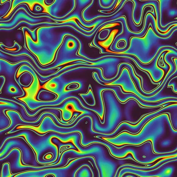 Psychedelic geometric pattern in blue navy green yellow red curved lines, Funky liquid shapes, wavy vivid design. Hippie urban pattern for boy, girl wrapping paper. Retro 80-90's fashion