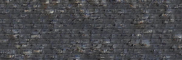 Abstract dark brick dirty city wall pattern panoramic background. History facade masonry wall construction. Distressed overlay texture of old brickwork, grunge 3D background