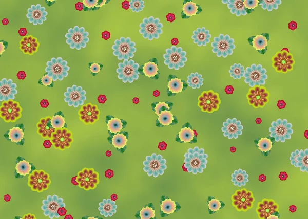 Colorful field of overlapping flowers on gradient nature fresh green background. Wall of sakura flowers. Stunningly beautiful floral modern murals, wallpaper, wall murals, cover, postcard in grunge style