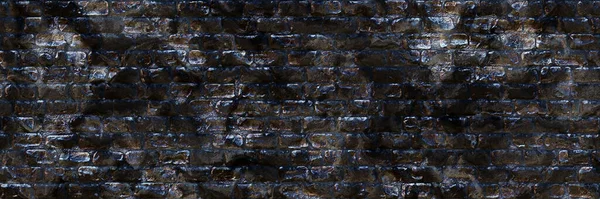 Abstract dark brick dirty city wall pattern panoramic background. History facade masonry wall construction. Distressed overlay texture of old brickwork, grunge 3D background