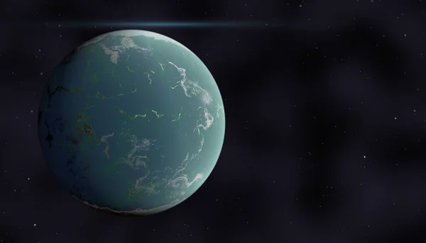 Planet in Cosmos Universe and Light movement  in deep space. Sci-fi fantasy of dark deep space and planet, realistic exoplanet, planet suitable for colonization