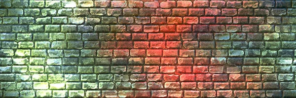 Abstract brick dirty city wall in wash green and red spilled panoramic background. History facade masonry wall construction. Distressed overlay texture of old brickwork, grunge 3D background