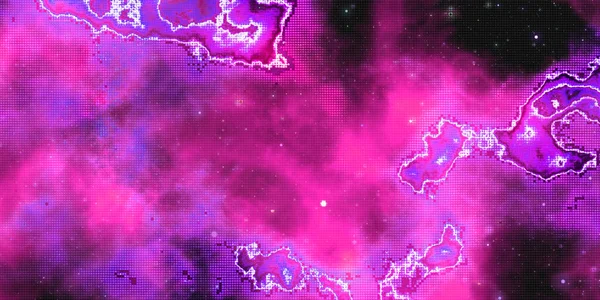 Abstract violet pink cosmos pixel art pattern with nebula sky. Pixel space retro futuristic background. Vintage game design interface. Abstract square shapes. Beautiful cosmos, space, retro wave.