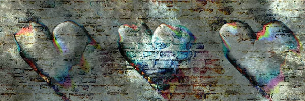 Abstract brick dirty city wall with three hearts panoramic background. History facade masonry wall love passion construction. Distressed Valentine\'s Day, Mother\'s Day or greeting birthday card