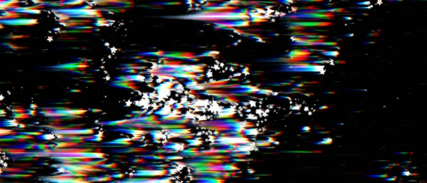 Digital glitch and movement cosmos stars with wind error effect on dusty dark background. Fantastic neon fluid and speed beams. Retro futurism, web punk, rave DJ techno aesthetic Christmas layout