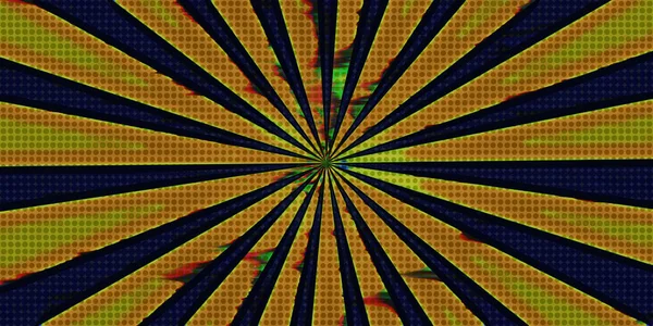 Pop art comic book or cartoon strip cover in glitch error radial stripes and polka dots retro design in dark orange yellow and blue. Futuristic rays explosion, isolated retro super hero style radial