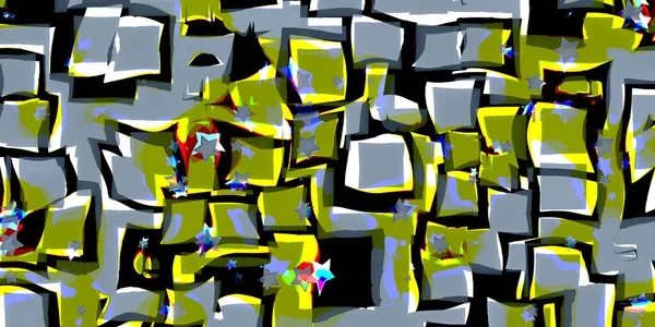 Abstract Grey Yellow Distortion Square Cubes Mosaic Lines Design Stars — Stockfoto