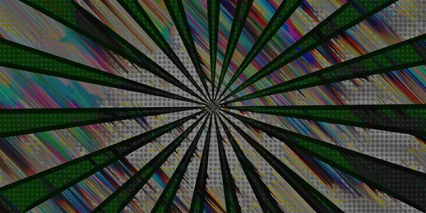 Pop art comic book or cartoon strip radial cover in glitch error diagonal stripes and polka dots retro design in grey and green. Futuristic rays explosion, isolated retro super hero style radial