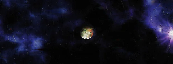 Kozmik Gezegen, koyu parlak evrende menekşe mavisi nebula gökyüzü ve aydınlık yıldızla. Yansıma ıslak metafor. Gri renk, yağmur damlalarını gölgeler. Karanlık su damlaları ile Fütürist Bilim Biçimi