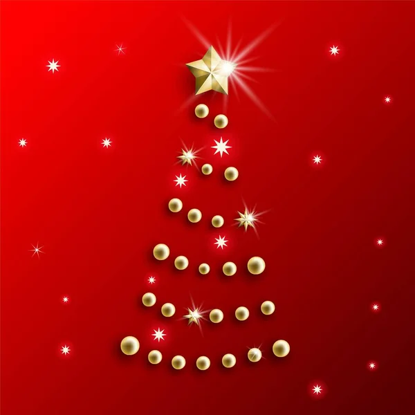 Árbol Navidad Bolas Doradas Estrellas Sobre Fondo Rojo Bonita Tarjeta — Archivo Imágenes Vectoriales